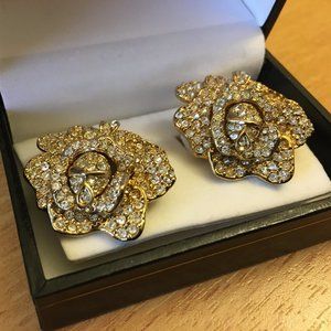 Kenneth Jay Lane Gold Pave Flower Clip- earrings